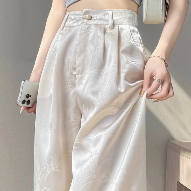 冰丝醋酸缎面白色休闲裤2025夏季新款裤子女新中式国风阔腿长裤夏