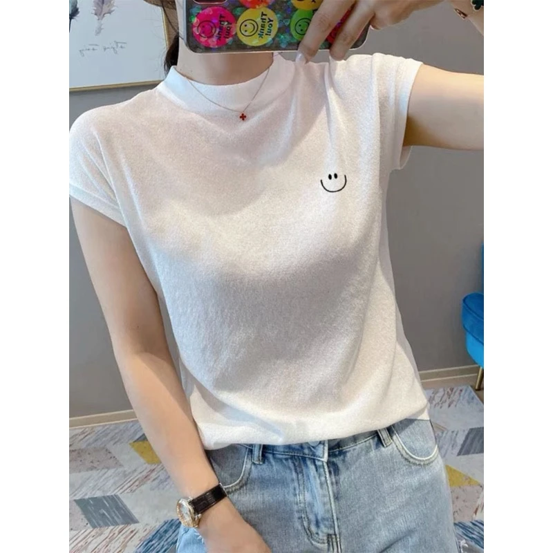 高档冰丝针织衫白色短袖t恤女夏季薄款半高圆领洋气小衫时尚上衣