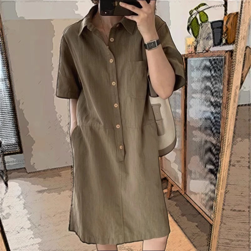 小个子高档衬衫裙女夏季polo领大码休闲女士裙子中长款棉麻连衣裙