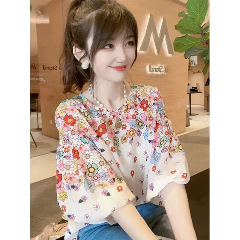 女士高档碎花雪纺衫夏季新款洋气甜美小衫短袖气质衬衫显瘦上衣夏