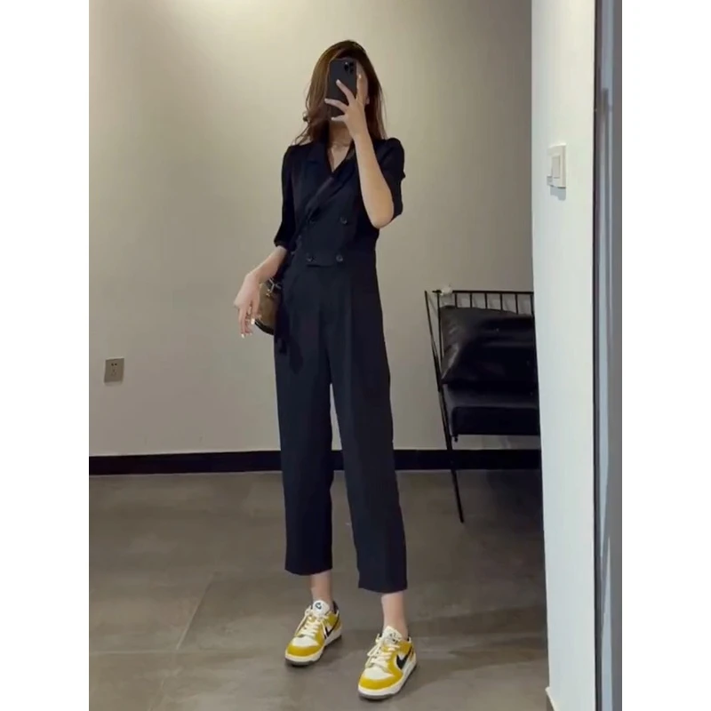 高级短袖西装套装2025夏季女装新款气质小个子女士九分黑色连体裤