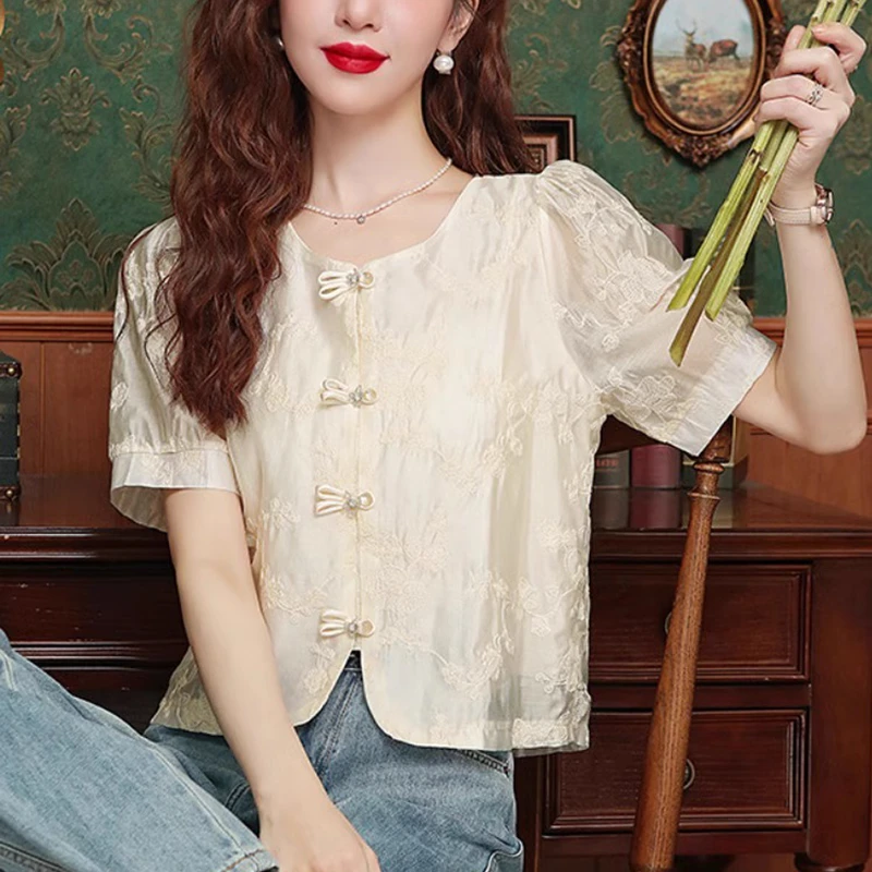 2025夏装新款中式国风刺绣高端小衫冰丝短袖衬衫女装气质雪纺上衣