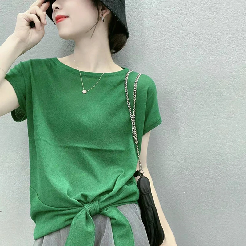 高级设计感小众冰丝短袖T恤女2025夏季新款不规则薄款针织上衣夏