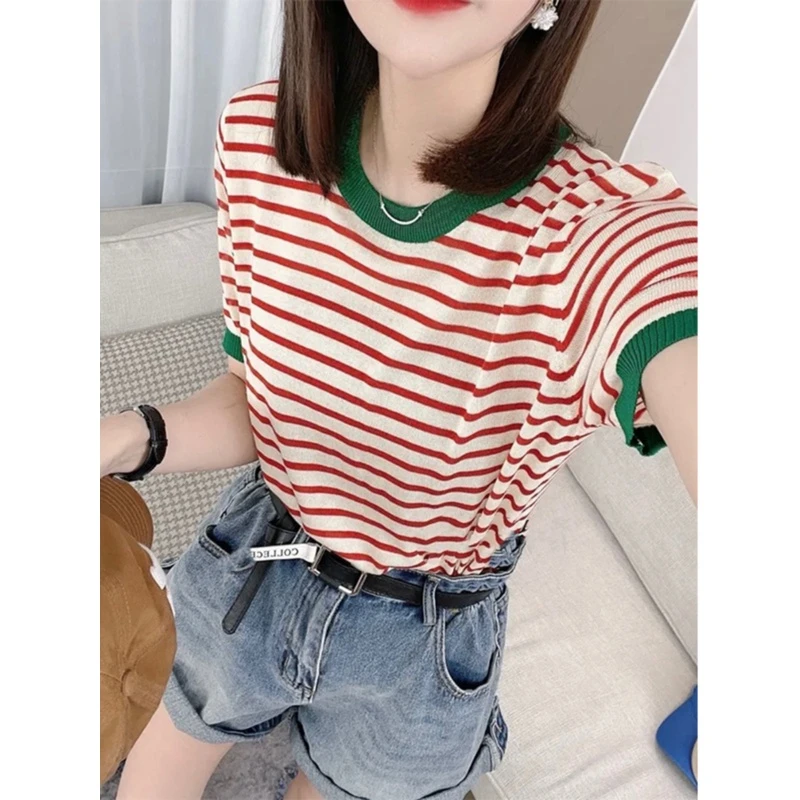 高档薄款条纹短袖t恤女2025夏季新款撞色减龄洋气冰丝针织衫上衣