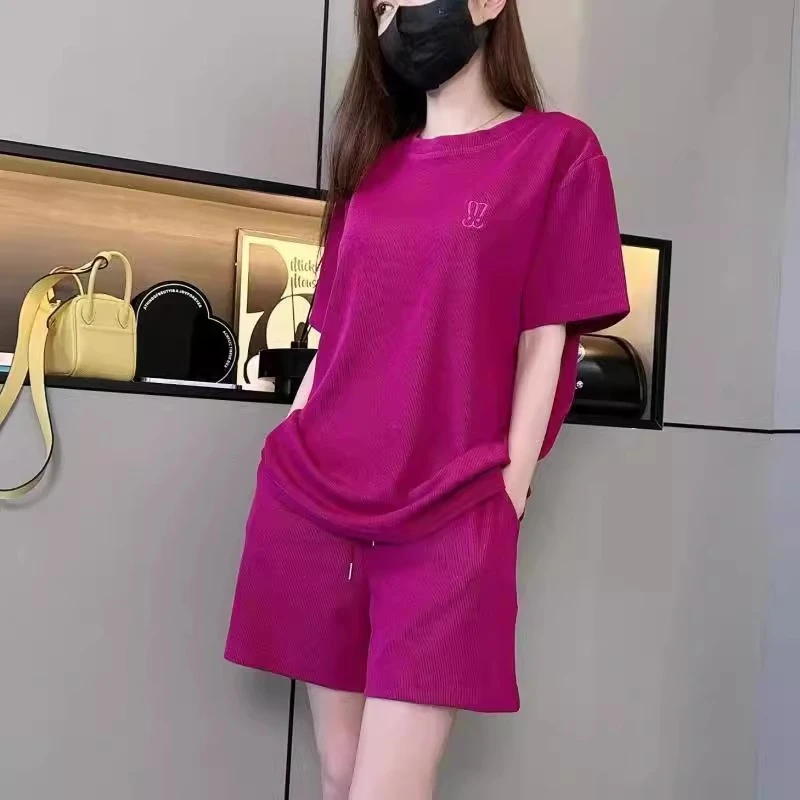 夏季欧货大码宽松高级感时尚短袖两件套装女装阔腿短裤休闲运动服