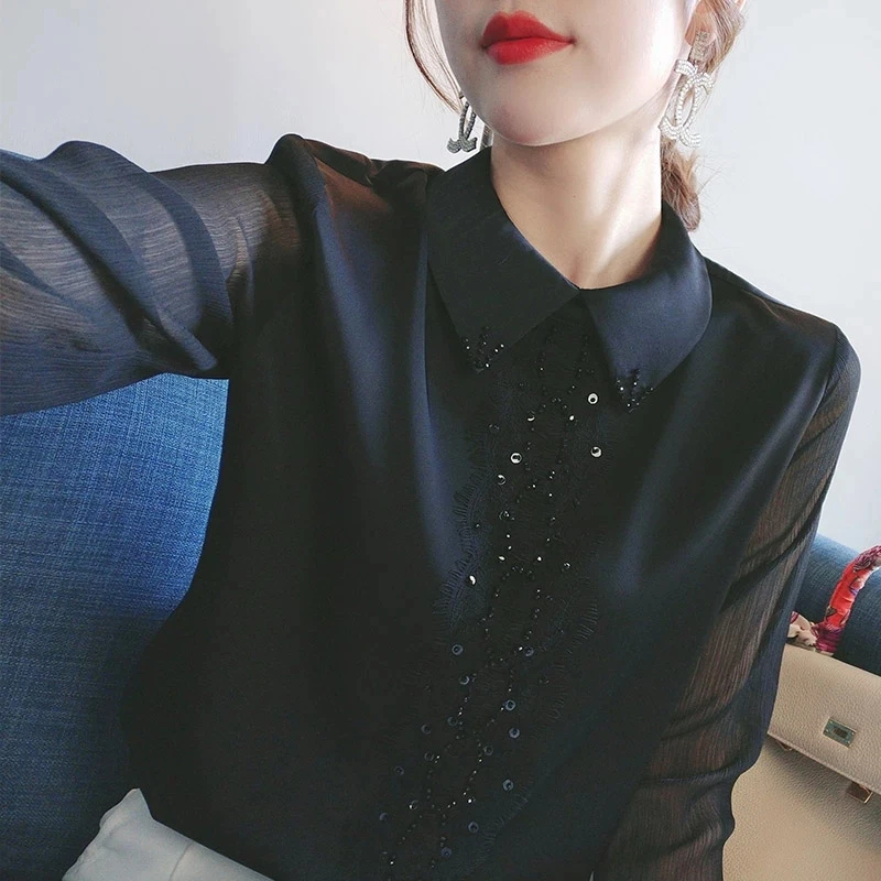 高档气质蕾丝雪纺衫女春秋2025新款洋气小衫女士衬衣长袖黑色上衣