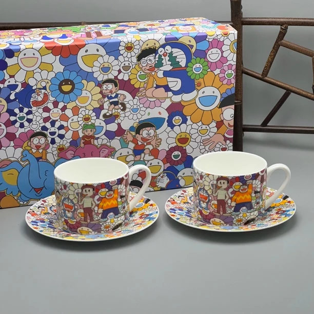 日本村上隆哆啦A梦太阳花联名潮流描金复古骨瓷咖啡杯花茶杯套装
