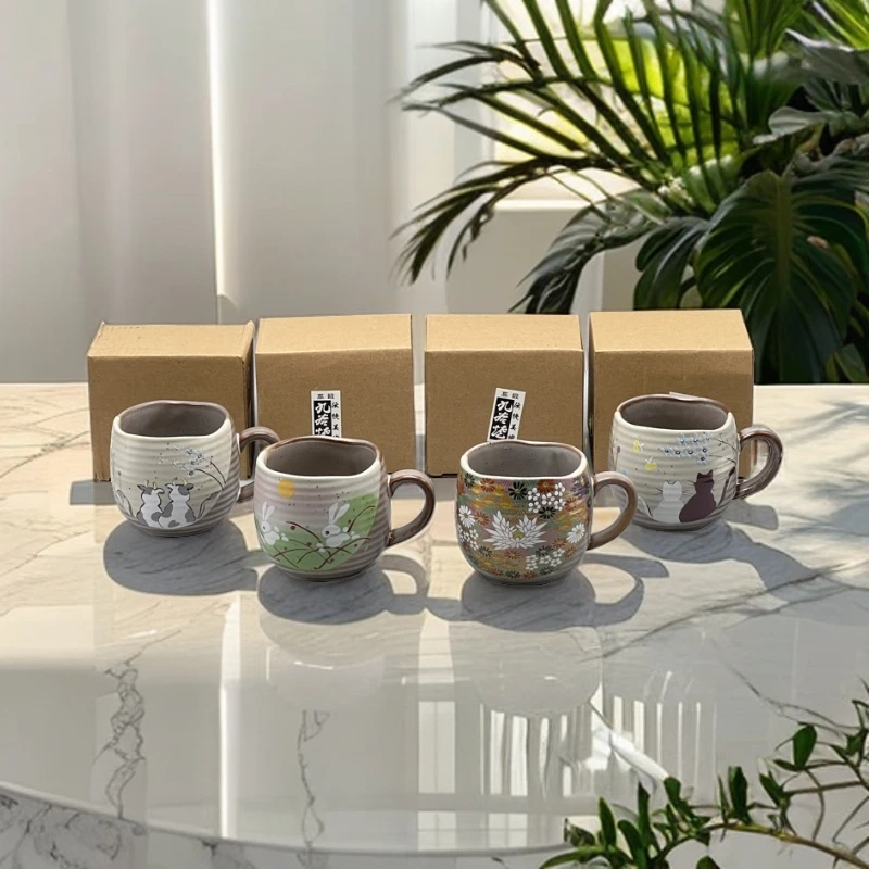 日本九谷秀山手作金花诘马克杯猫咪芝麻釉情侣手绘咖啡杯茶杯可爱