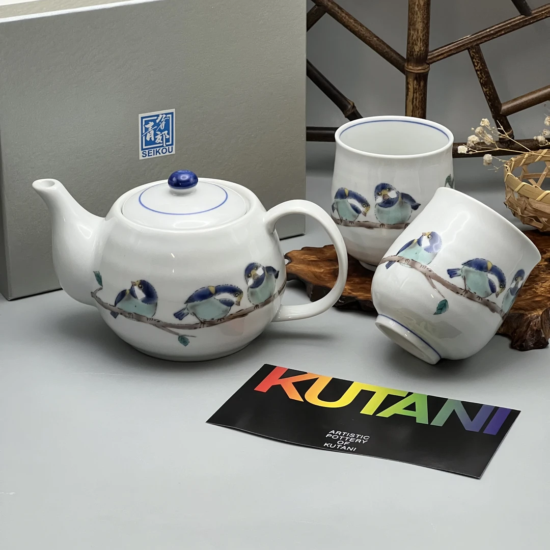 日本九谷烧青郊手工手作彩绘山雀鸟轻奢简约日式陶瓷一壶两杯