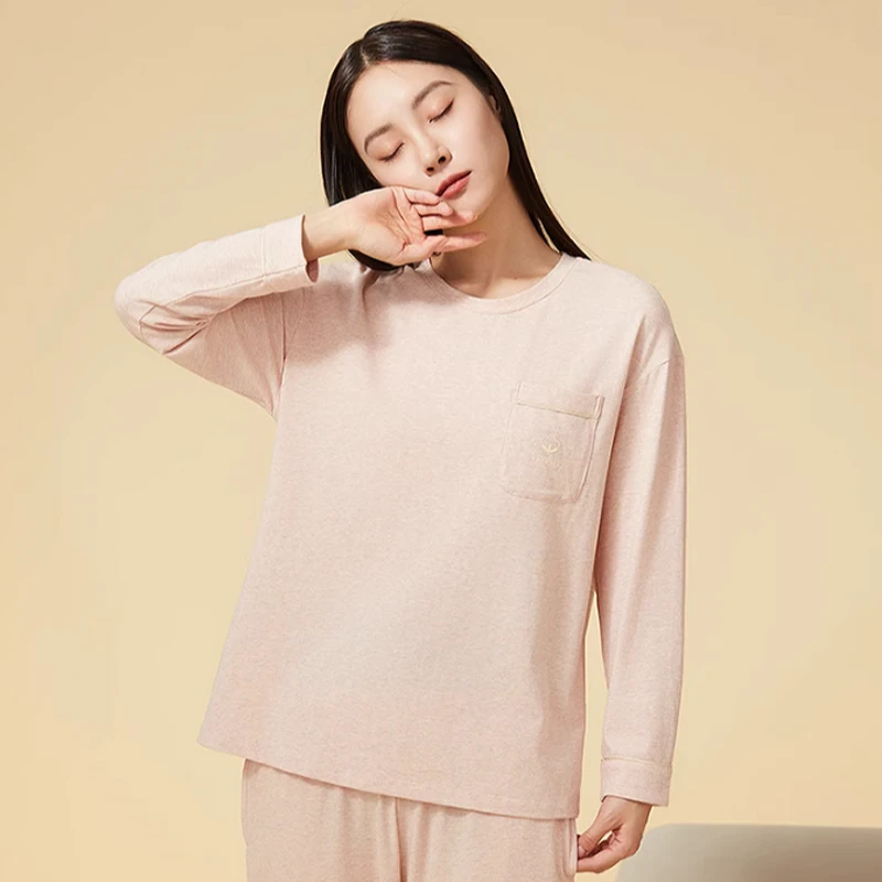 三耳兔新款长袖睡衣女春秋精梳棉圆领百搭情侣家居服套装p525w