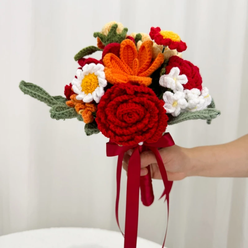 创意手工编织毛线结婚新娘伴娘手捧花玫瑰花送闺蜜高级感花束成品