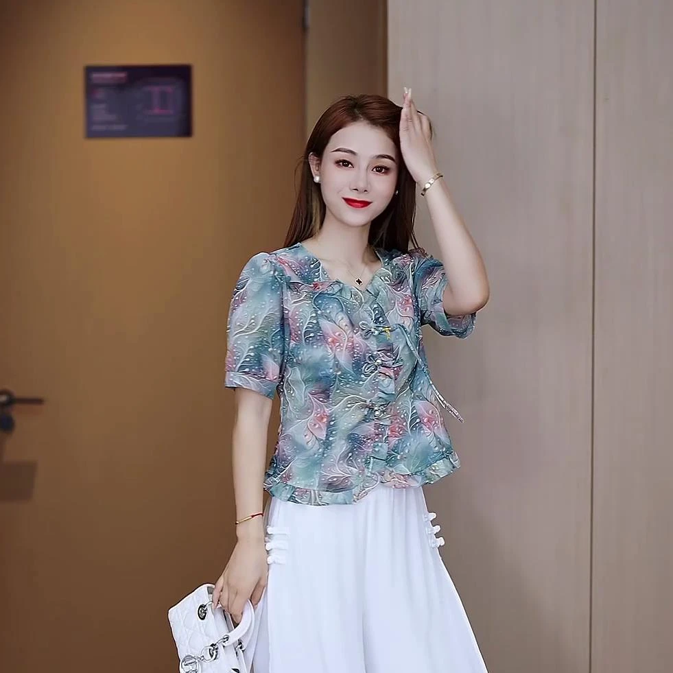 「莫奈花园风」新款国风设计夏季套头盘扣修身气质洋气短款上衣