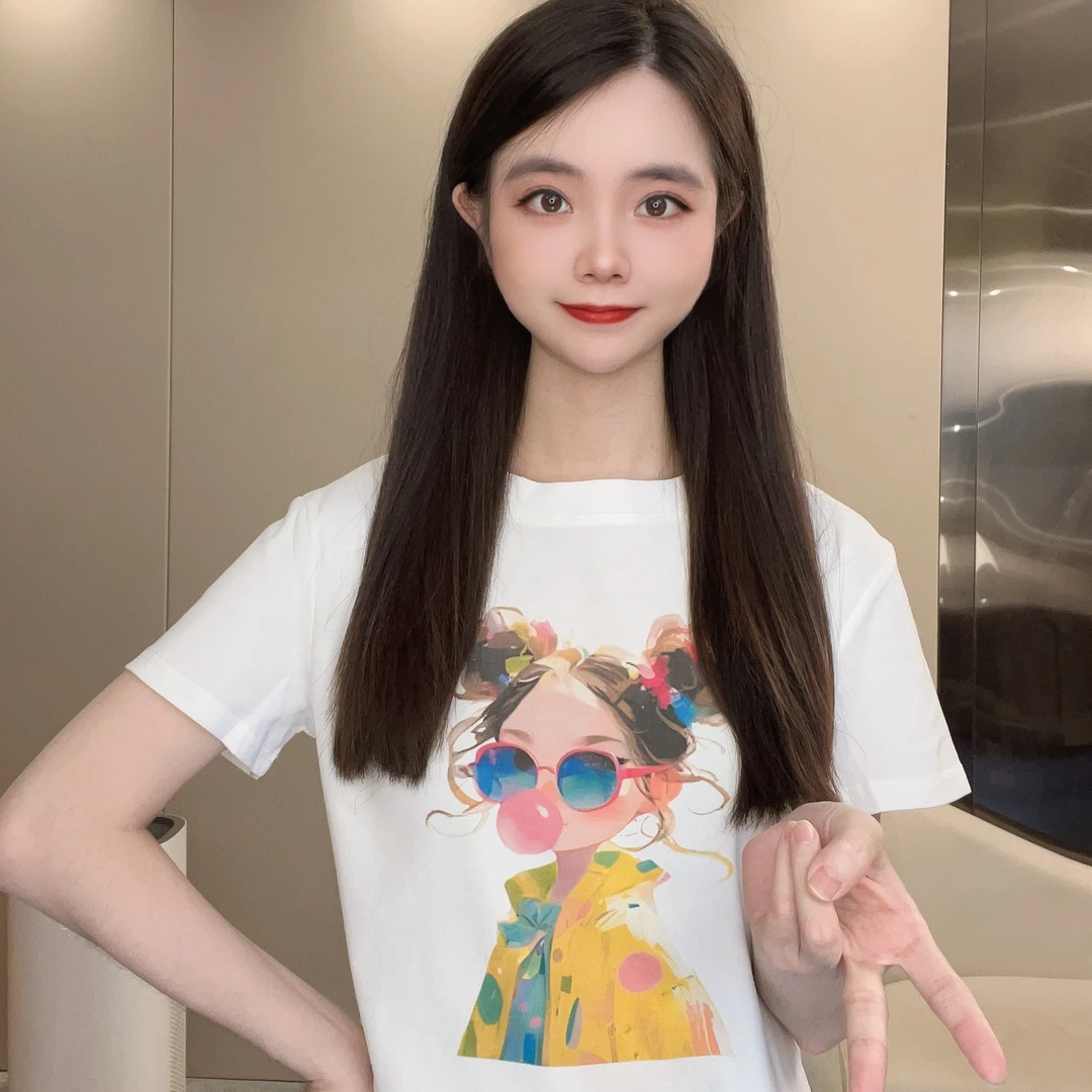泡泡女孩 2024夏季新款圆领短袖T恤百搭显瘦上衣女时尚休闲印花