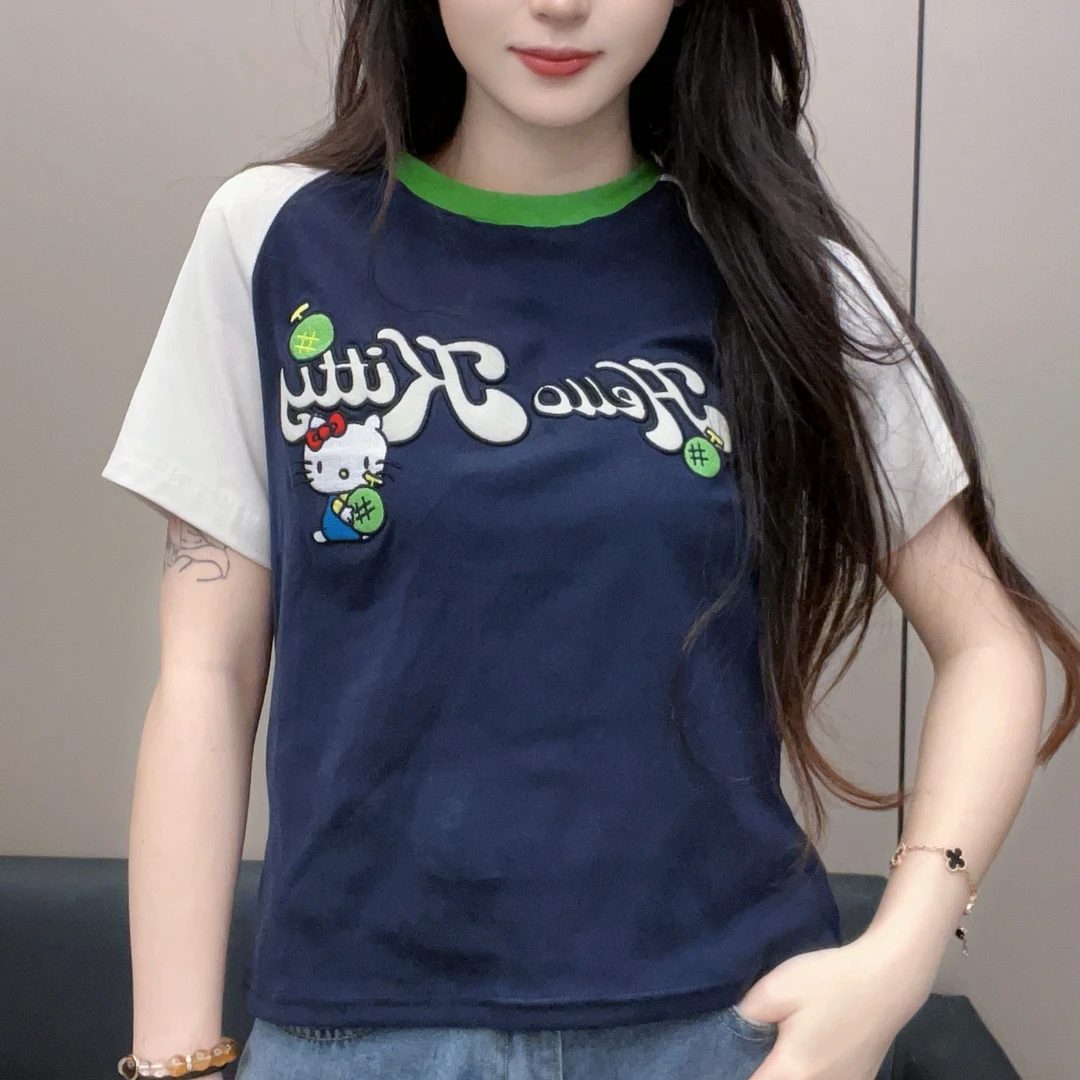 短袖刺绣KITTY 2024早秋新款圆领T恤 百搭显瘦上衣女时尚休闲