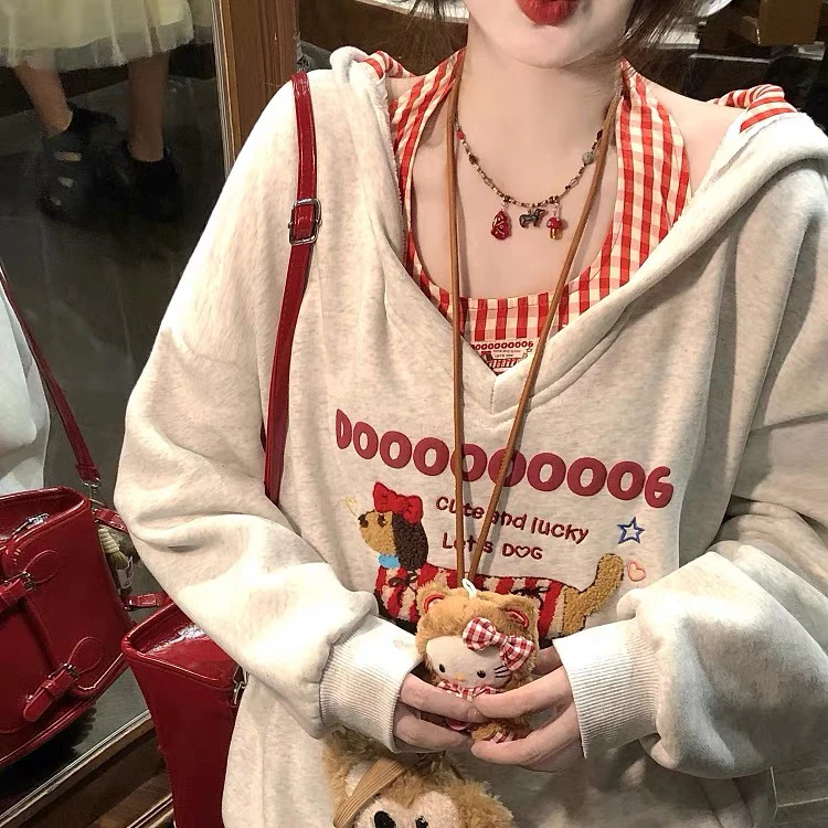 【全额运补】腊肠狗连帽卫衣外套女秋冬挂脖吊带两件套加绒加厚超好