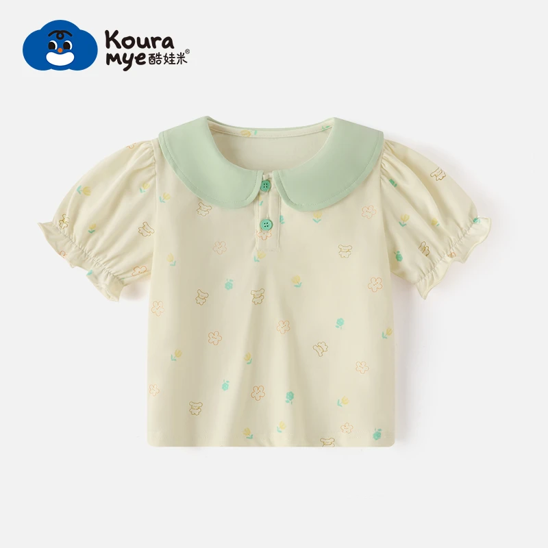 酷娃米2024夏季新款儿童短袖中小女宝洋气娃娃领小印花上衣20519