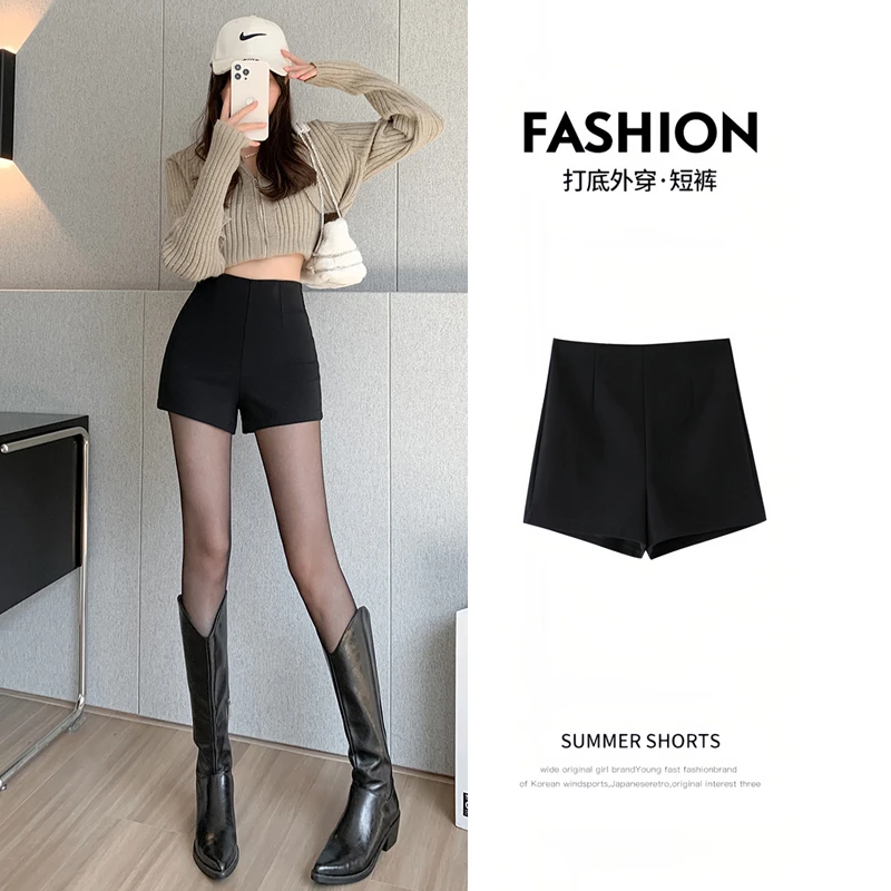 刘掰掰百搭下半身失踪黑色打底短裤女秋季外穿热裤弹力高腰靴裤