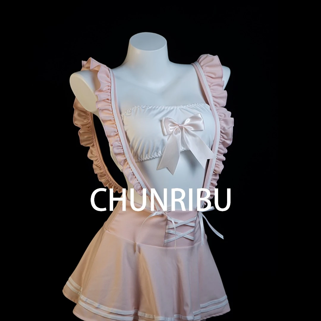 刘掰掰邻家女孩显瘦粉色睡衣制服吊带高级时尚蕾丝白色性感包臀