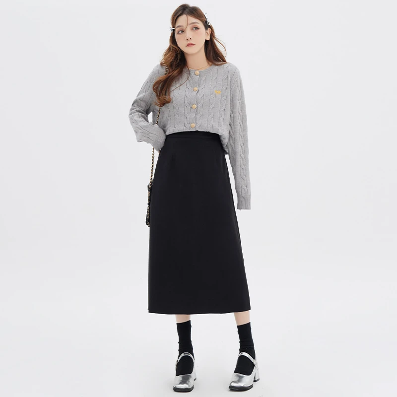 秋季微胖mm新款纯色显瘦毛呢后开叉半身裙 0257