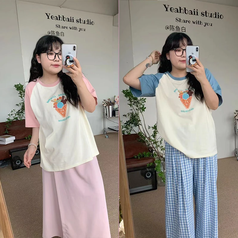 卡通撞色冰激凌印花T恤短袖夏季大码女装   3257