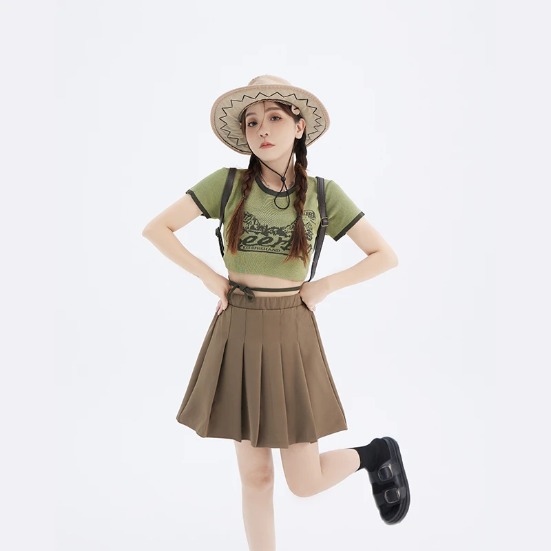 女装纯色短裙新款甜美风百搭大码胖mm百褶裙   8936