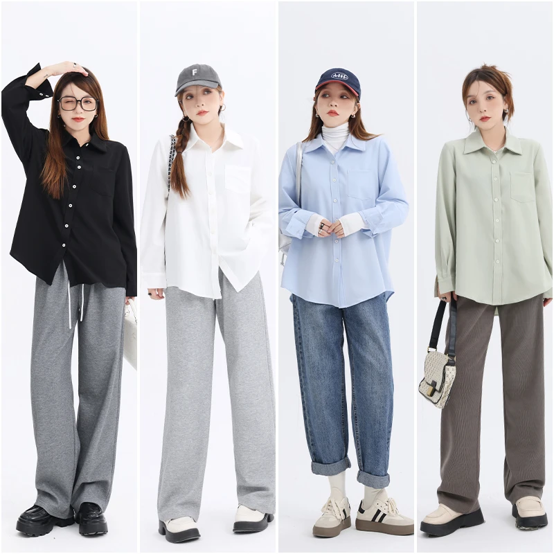 大码女装纯色简约正肩衬衣宽松休闲舒适正肩衬衫时尚 2299 1077