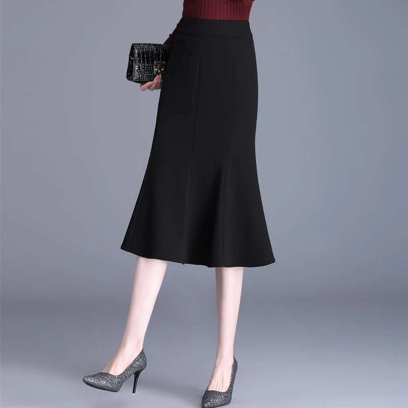 2025春秋中长款高腰垂感荷叶边包臀一步裙黑色西装鱼尾裙半身裙女