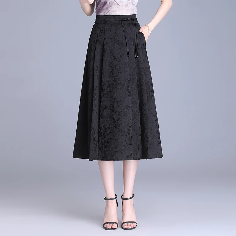 a字裙国风半身裙女薄款春夏季高腰显瘦中长款提花百褶裙子大摆裙