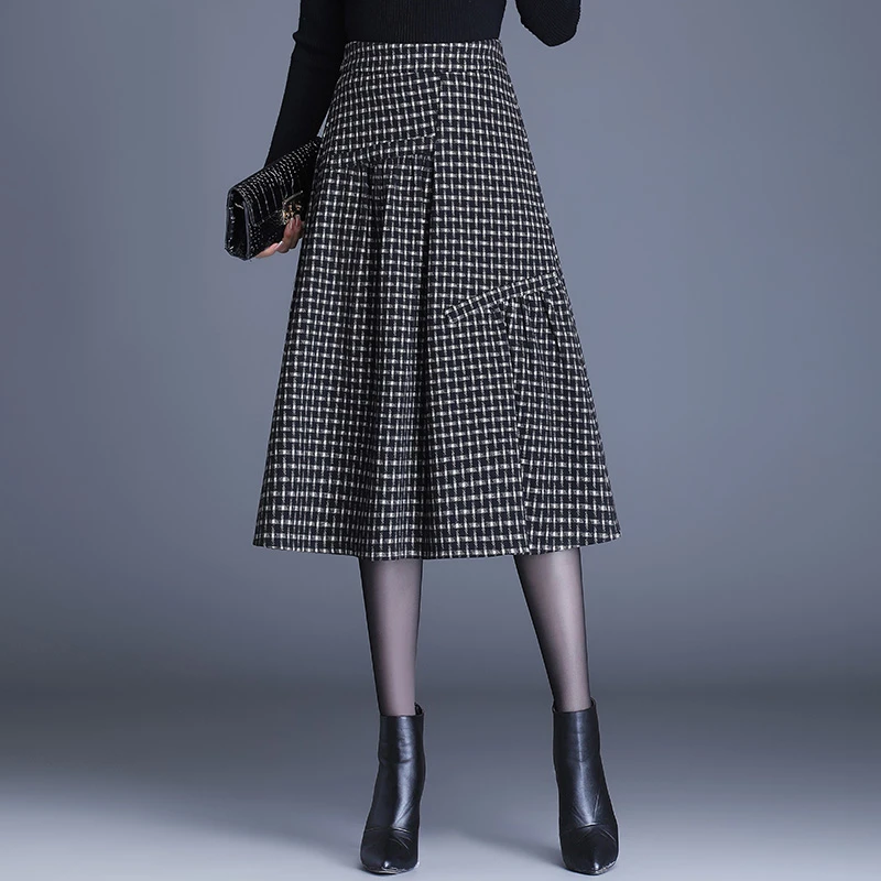 毛呢半身裙秋冬女韩版高腰显瘦格子A字裙设计感中长款百褶裙伞裙