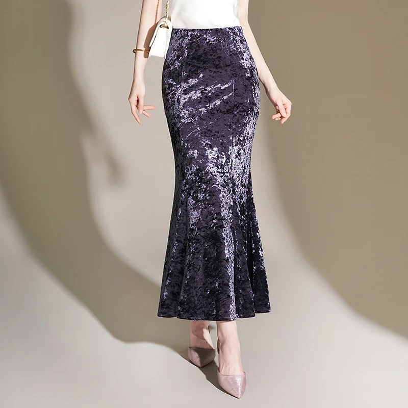 丝绒半身裙2024早春修身高腰长款光泽垂感紫色气质包臀长裙鱼尾裙