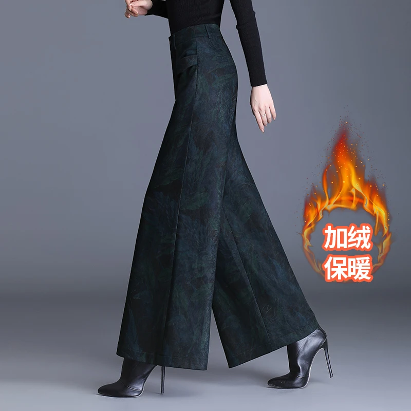 高档印花加绒阔腿裤女秋冬新款加厚高腰显瘦宽松阔脚裤长裤休闲裤