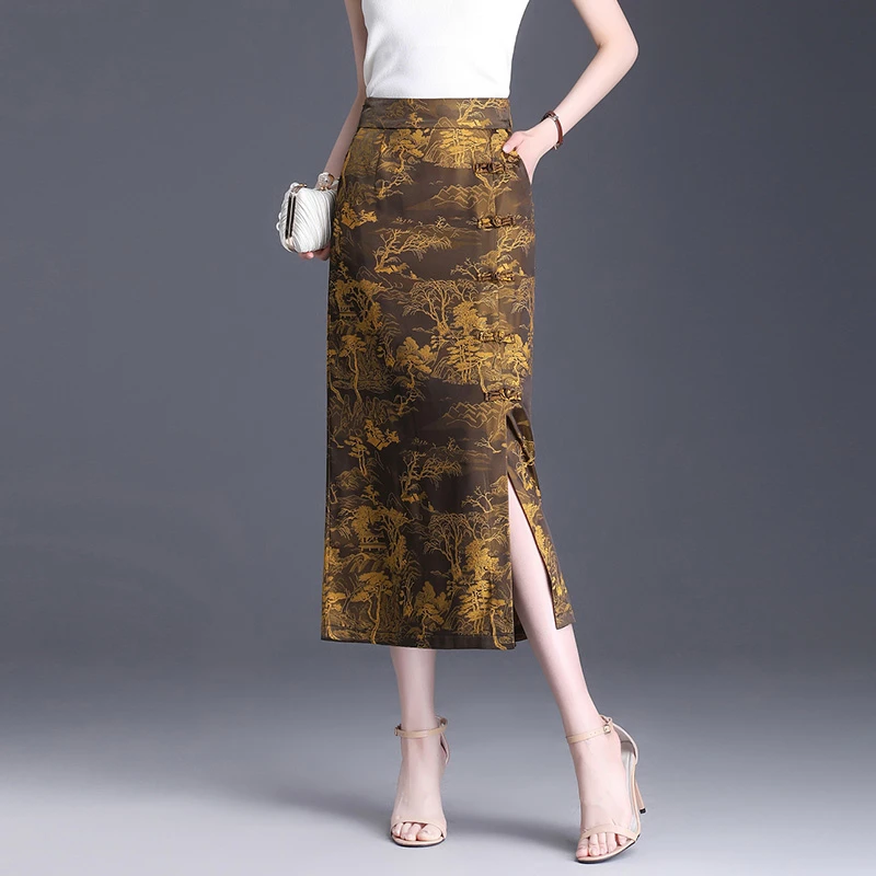 复古提花气质包臀裙开叉半身裙2024夏季新款高腰中长款显瘦一步裙