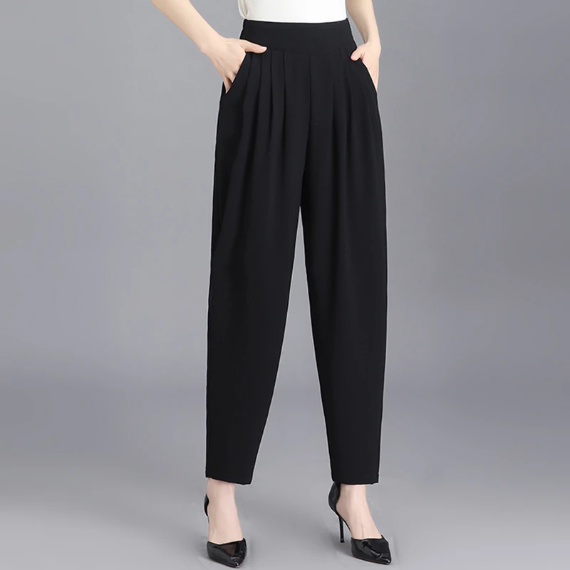 老爹哈伦裤女2024夏季新款高腰宽松萝卜裤胖mm休闲显瘦九分灯笼裤