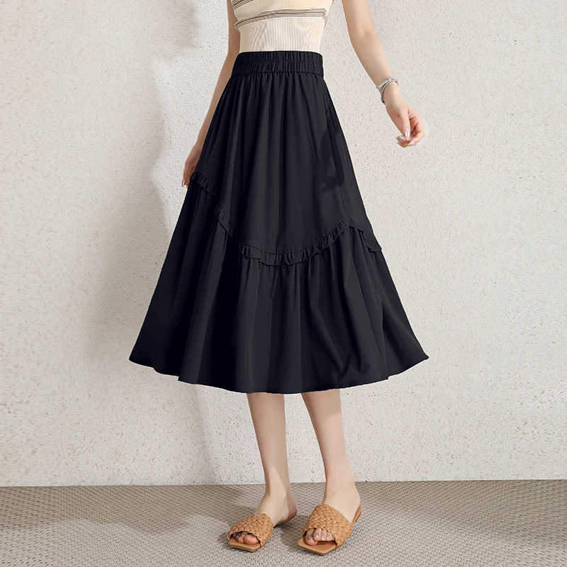 时尚黑色蛋糕裙半身裙夏季薄款a字大摆百褶裙中长款小个子工装裙