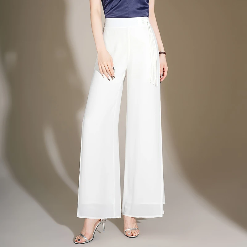 国风直筒阔腿裤女夏季2025新款薄款高腰垂感开叉雪纺裙裤休闲裤