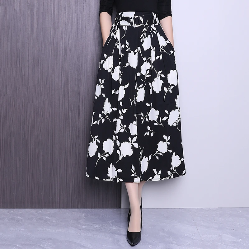 黑白印花百褶冰丝长裙半身裙女2024年春夏新款高腰显瘦遮胯A字裙