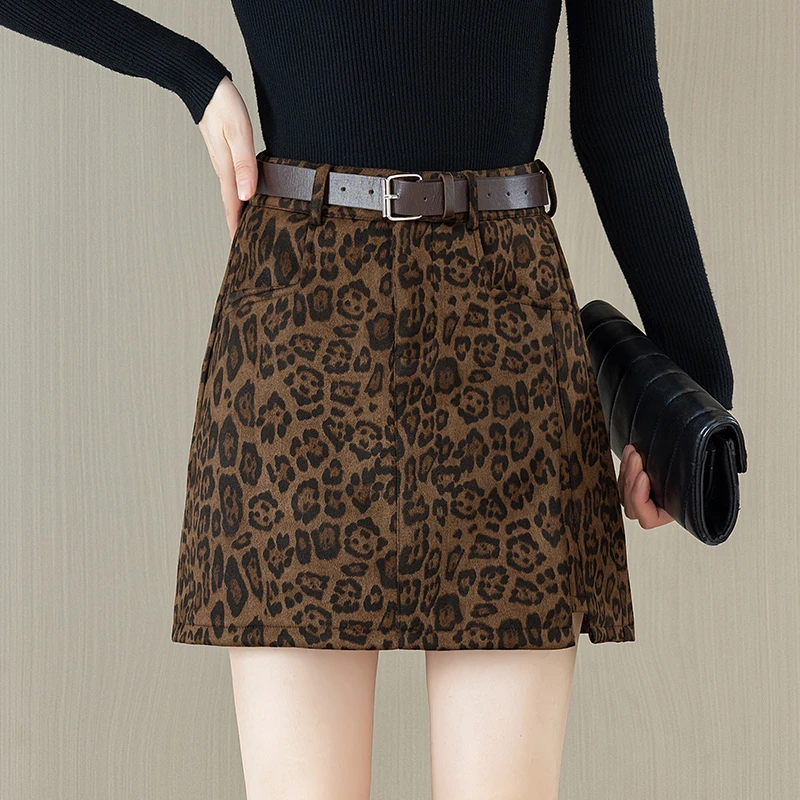 豹纹短裙半身裙女秋冬款加厚洋气高腰显瘦配靴穿a字毛呢裙一步裙
