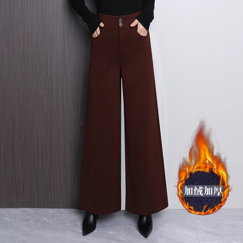 今年流行爆款毛呢阔腿裤女高腰显瘦加绒加厚宽松大脚休闲直筒裤子