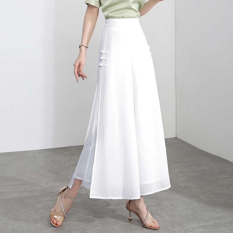 夏季开叉阔腿裤女薄款白色国风飘逸高腰显瘦裙裤垂感雪纺九分裤子
