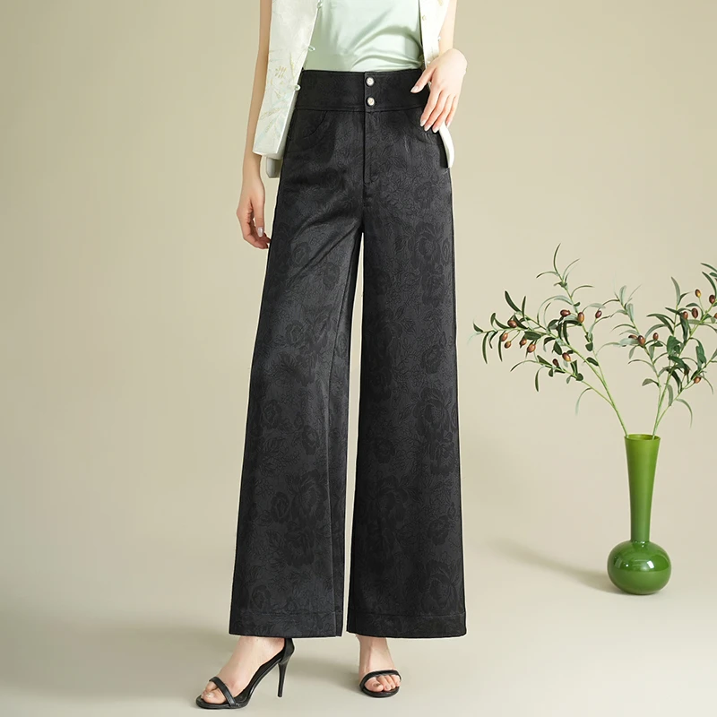 醋酸印花宽松阔腿裤长裤女2024年春夏季薄款高腰垂坠感直筒休闲裤