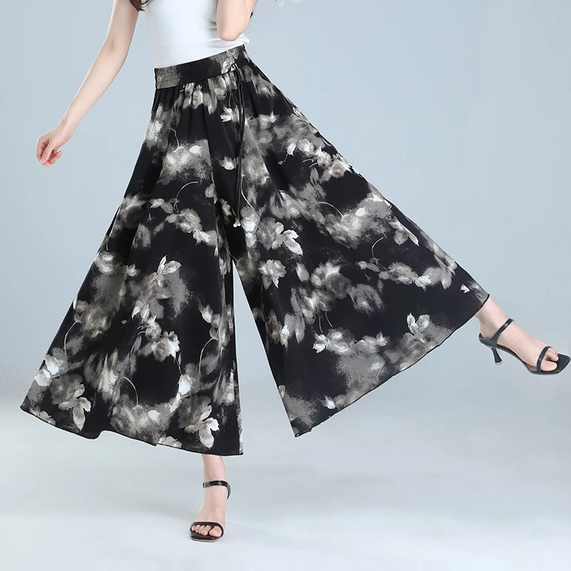 夏季薄款女装阔腿裤大裤腿裙裤大码松紧高腰印花妈妈装时尚九分裤