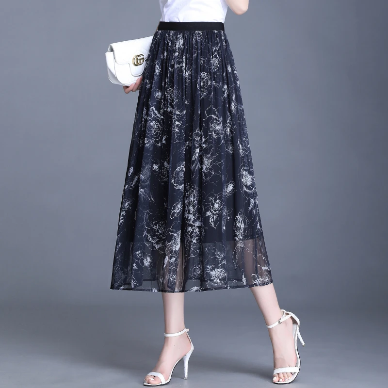夏季垂感印花百褶网纱裙女春秋新款松紧高腰显瘦中长款A字半身裙
