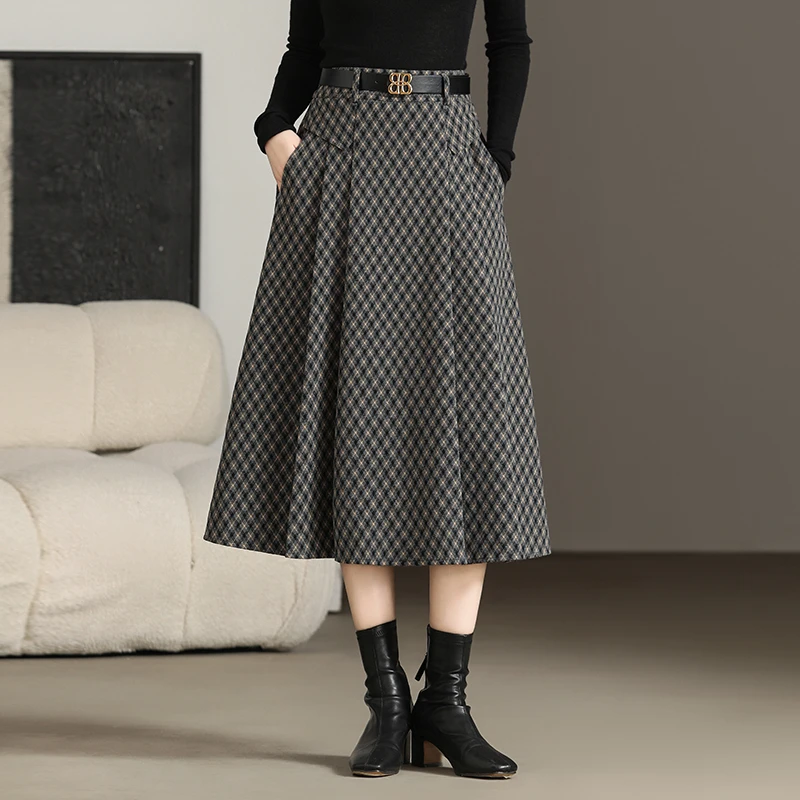 高腰时髦感格子百褶裙2024秋冬新款宽松a字显瘦大摆中长款半身裙