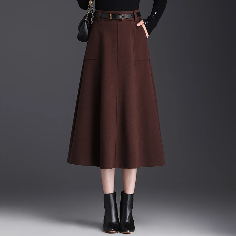百搭秋冬半裙毛呢半身裙女高腰a字版型显瘦中长款宽松伞裙大摆裙