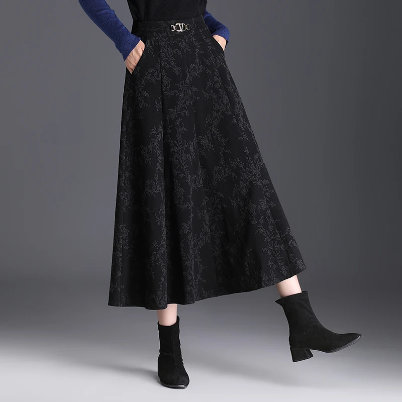印花毛呢长裙百褶半身裙女2024秋冬新款加厚高腰遮胯大摆a字裙子