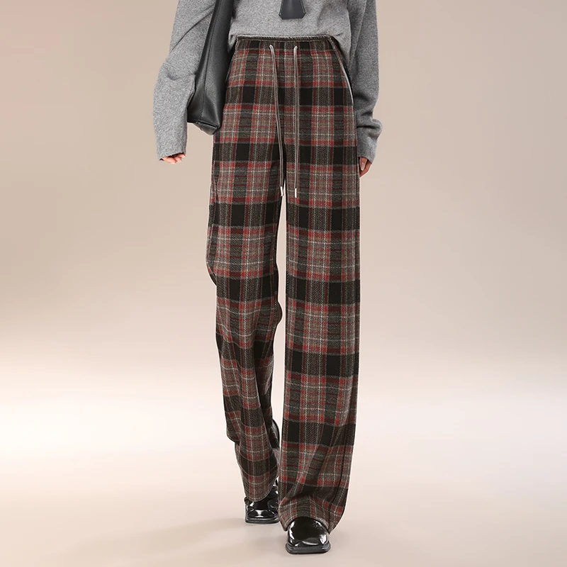 欧货羊毛格子休闲裤高腰显瘦垂感宽松阔腿裤百搭直筒长裤拖地裤女