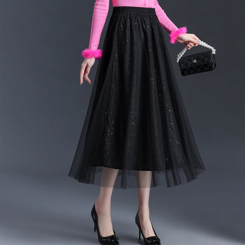 纱裙亮片网纱半身裙女2024春季仙女裙百搭显瘦A字裙大摆伞裙长裙