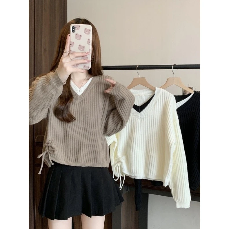 针织慵懒风打底衫女内搭春秋冬小个子百搭显瘦设计感上衣V领毛衣