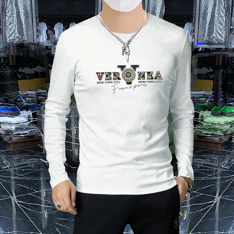 欧货烫钻圆领长袖t恤男士2024秋打底衫时尚体恤潮春秋潮流韩版