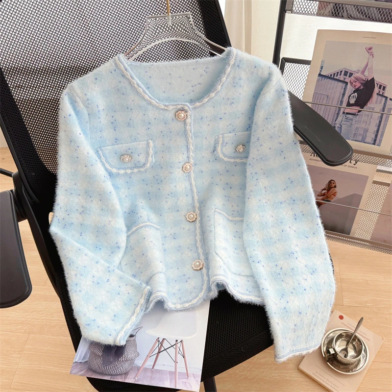 秋装小香风外套女2024年新款爆款女士毛衣仿貂绒针织开衫早秋上衣